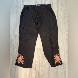 Johnny Was Black Linen Pants with Floral Embroidery
